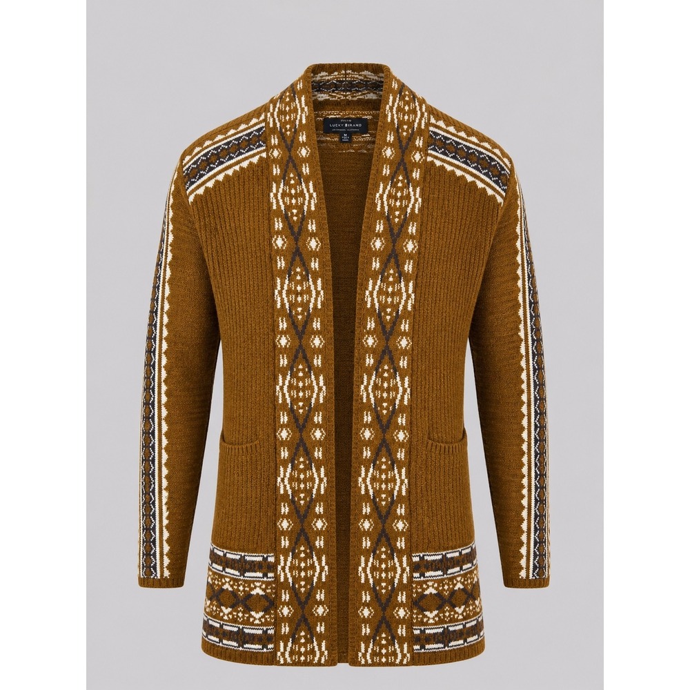 Lucky Brand Mens Brown Southwestern Geometric Open Front Cardigan Sweater Medium